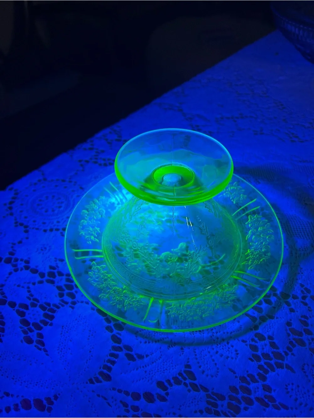 Belmont Rose Green Uranium Depression Glass| Vintage Dessert Plate & Sherbet Cup